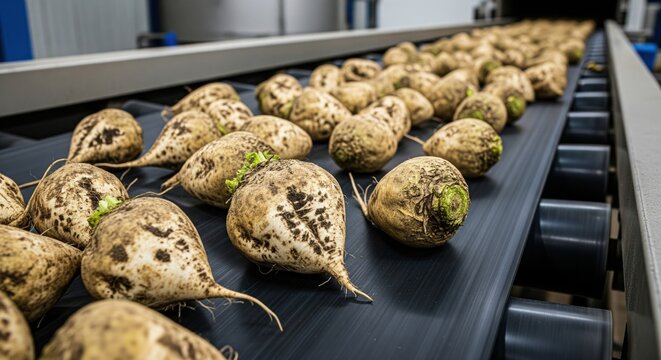 Industrial Food Manufacturing Process. Fresh Harvested Raw Sugar Beets Moving on Conveyor Belt in Processing Factory.
