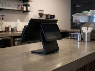 Sleek point of sale system stands ready on a modern coffee shop counter.