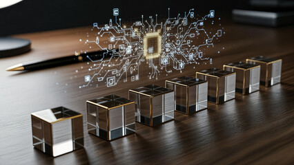 Conceptual technology with circuit board hologram and glass cubes on a wooden surface