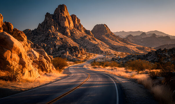 Scenic view of famous Route 66 in classic american mountain scenery at sunset