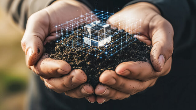 Hands holding soil with digital cube overlay representing growth and technology
