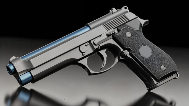 Sleek black pistol with blue accents resting on a reflective dark surface