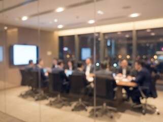 Business professionals meeting and collaborating in a modern conference room at night.