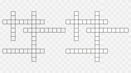 Crossword puzzle template with blank word grid. Empty crossword pattern for newspaper quizzes, word games and brain teasers. Flat vector illustration.