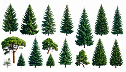 Various types of green pine and fir trees isolated on white background, showcasing different shapes and sizes with lush foliage and natural beauty