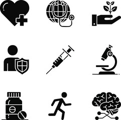 Fototapeta premium A set of solid black glyph icons representing healthcare, wellness, and medical science. Includes symbols for global health, research, and fitness
