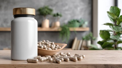 Probiotic Beverage Showcase on a Matte Table With a Medical Blur Background and Central Empty Space for Product Display