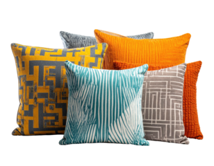 Group of plush square pillows with varied textures and patterns isolated on a black background