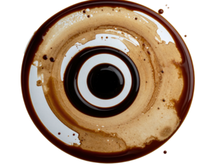 Overhead shot of a white plate with dark swirls of liquid in concentric circles