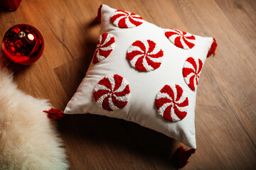 Christmas Cushion with Red Peppermint Candy Embroidered Motifs