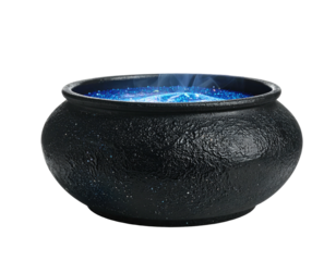 A black cast iron cauldron with blue glowing liquid, emitting smoke against a dark backdrop