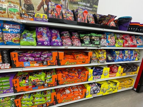 Grocery store Halloween candy display slanted view