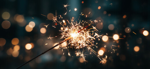 A burning sparkler emits bright glowing sparks in the foreground while a soft blurred background of warm circular lights forms a glowing bokeh pattern behind it.