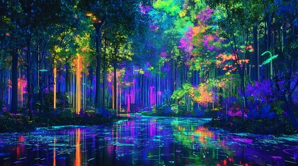 Vibrant neon glowing forest with bioluminescent trees and luminous foliage reflecting in a tranquil river, digital fantasy art landscape at night.