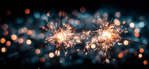 Two bright sparklers glow with orange sparks against a blurred background of blue and warm bokeh lights.