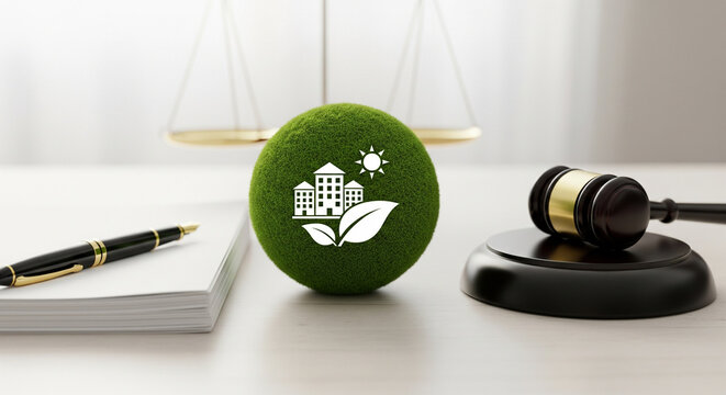 This image represents the intersection of environmental protection and legal systems, highlighting sustainability