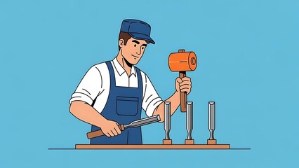 Carpenter working with tools, using mallet and chisel on wood.