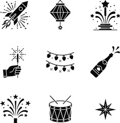 Fototapeta premium Festive vector icons set featuring celebration elements. Includes rocket, lantern, fireworks, sparkler, fairy lights, champagne, drum, and star