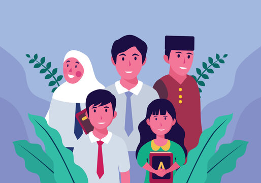 Diverse Indonesian teacher and students vector illustration celebrating inclusive education and learning
