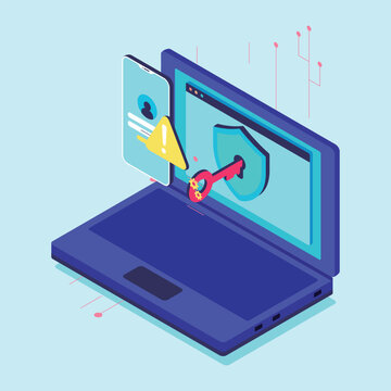 Isometric cybersecurity illustration showing data protection, secure login access, and digital safety in modern flat style