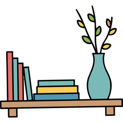 Minimalist Illustration of a Wooden Shelf with Colorful Books and a Light Blue Vase Holding Decorative Leaves