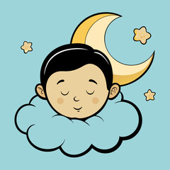 Child Sleeping With Moon and Stars in Nighttime Background