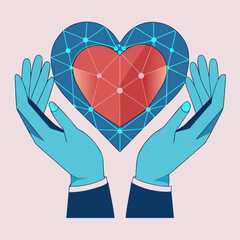 Hands Holding a Digital Heart Symbol on a Light Background