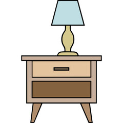 Minimalist Nightstand With Drawer And Light Blue Lampshade Illuminated By Warm Light On A Simple Black Background With Flat Design Style