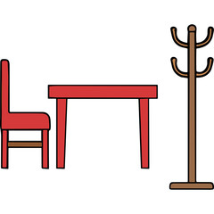 Minimalist Red Chair and Table with Wooden Coat Rack on Black Background Simple Geometric Furniture Arrangement Clean Lines and Flat Design