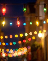 Naklejka premium Eine bunte Lichterkette leuchtet warm in der Dunkelheit.
