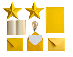 Yellow themed stars, books, envelopes, and a lightbulb