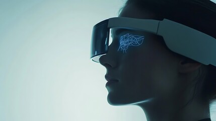 Close-up of a woman wearing a futuristic virtual reality headset with a glowing brain-like neural network display, symbolizing AI, innovation, and digital transformation.