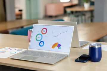 Silver laptop displaying colorful charts on light wooden table in office with phone and tumbler