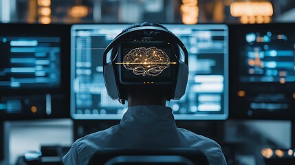Rear view of person wearing futuristic VR/AR headset displaying human brain, surrounded by glowing data screens in a high-tech lab.