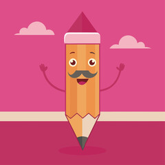 Cheerful Cartoon Pencil Character Waving Under Pink Sky