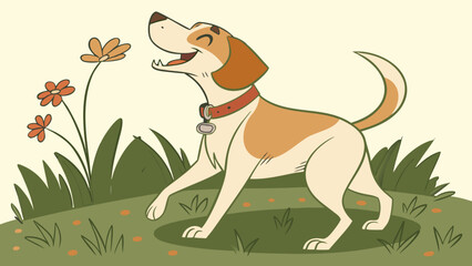 Dog Enjoys Walking in the Garden With Flowers Around Him