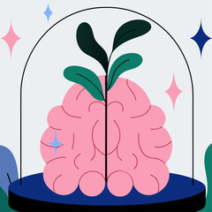 Creative Display of a Brain With Plants Under Glass Dome