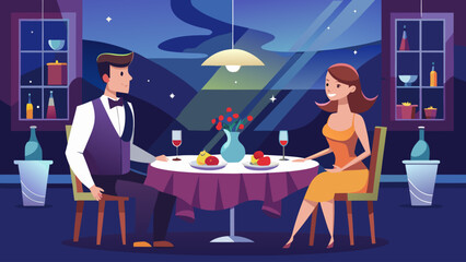 Couple Enjoys Dinner at a Restaurant With a View at Night