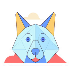 Unique Geometric Dog Design in Bright Colors Near Clouds