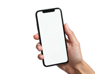 A hand, with manicured nails, holds a modern smartphone against a solid black background