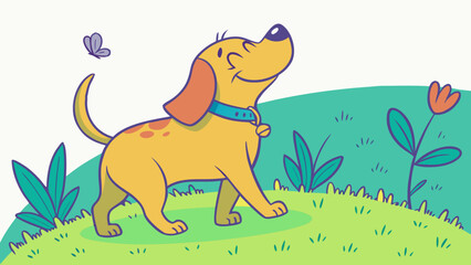 Happy Dog Walking in a Field With a Butterfly Nearby