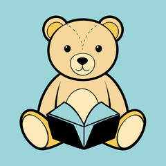 Teddy Bear Reading a Book on a Blue Background