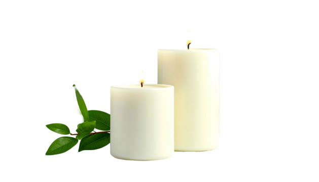 Lit ivory candles flank greenery; warm, peaceful ambiance created - Powered by Adobe