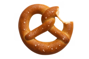 Soft pretzel with coarse salt, fresh baked snack food, tearing off a piece, transparent background