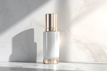 Naklejka premium Elegant skincare bottle displayed on a marble surface in soft natural light