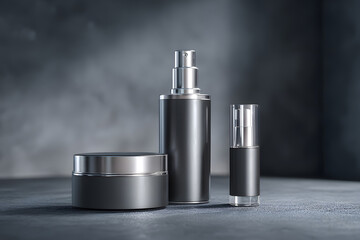 Stylish collection of polished silver perfume bottles on a sleek surface in a soft-lit space