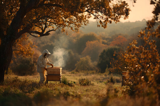 Beekeeper tending to hives in a golden autumn landscape at sunrise
