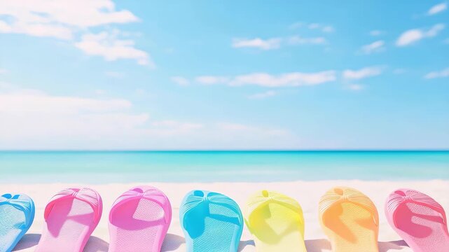 Flip-Flops and Blue Sky: A vibrant array of colorful flip-flops sits in a row against the backdrop of a pristine beach, epitomizing the carefree essence of a perfect summer day.