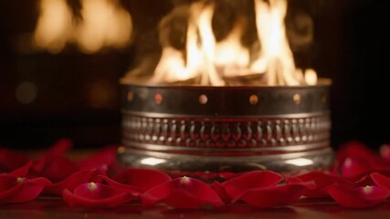 Auspicious Ritual Fire in Ornate Metal Vessel Surrounded by Red Rose Petals, Celebrating Spirituality and Tradition at a Hindu Spring Festival.