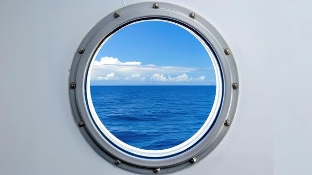 Seascape from Porthole: A tranquil view of the vast sea, framed by a classic porthole. Offering a glimpse of the serene ocean under a bright blue sky, invoking feelings of freedom and exploration.